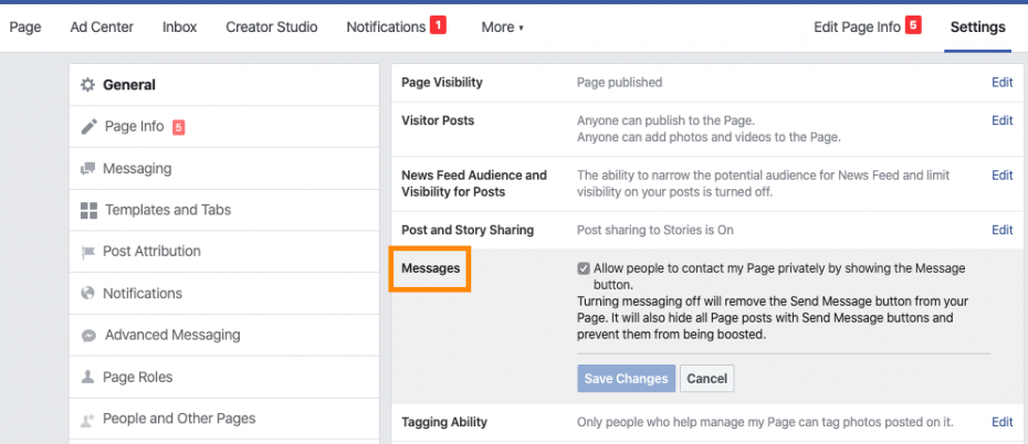 Messages section of your Facebook page settings